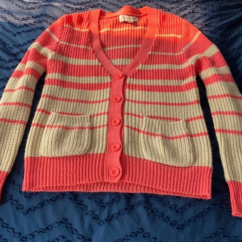 Forever 21 Coral and Cream Striped Cardigan